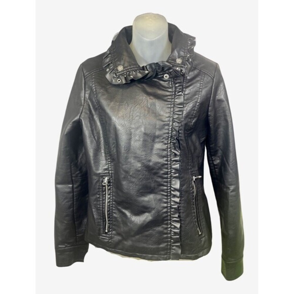 Jessica Simpson Leather Vegan Jacket With Ruffles And Button Design Women-S